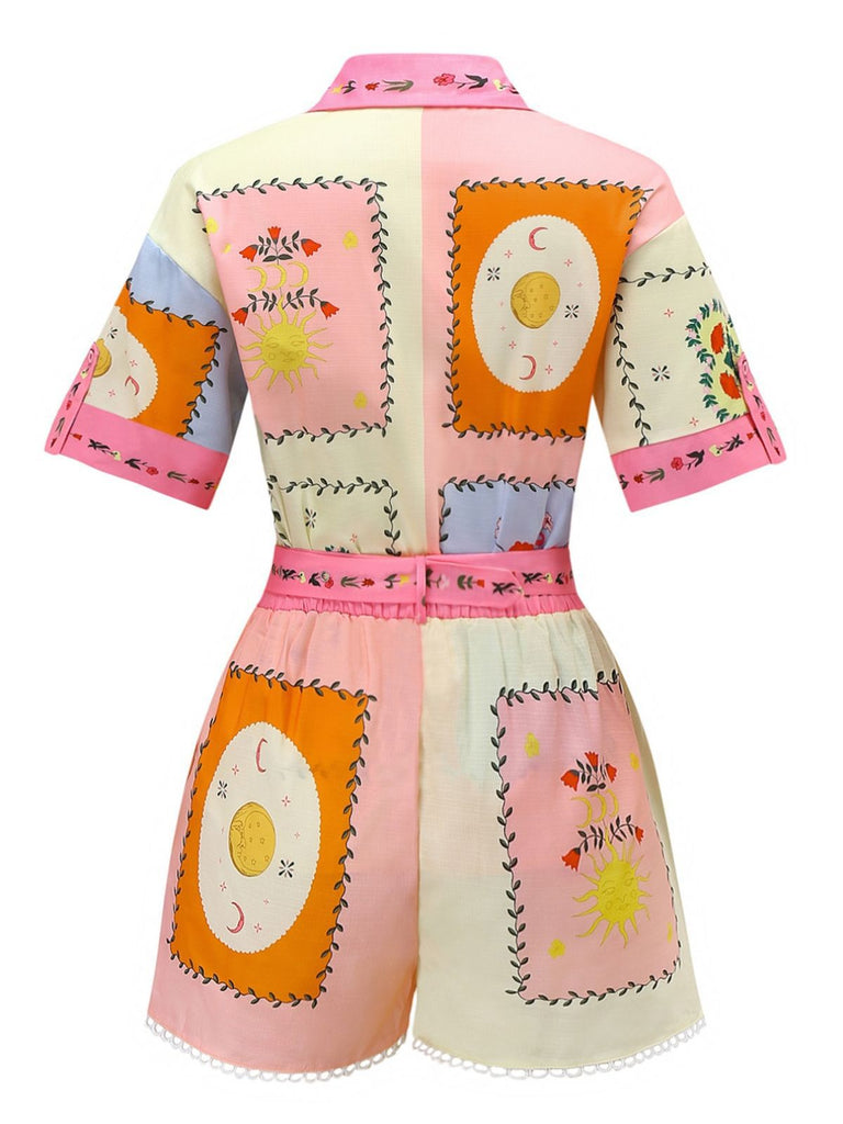 2PCS 1970s Boho Floral Blouse & Belted Shorts - vintage fashion, retro style