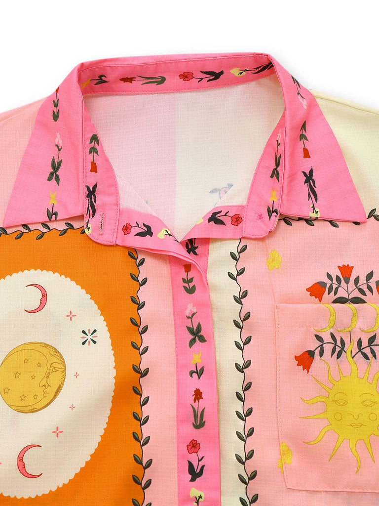 2PCS 1970s Boho Floral Blouse & Belted Shorts - vintage fashion, retro style