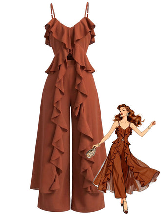 2PCS 1970s Cascading Ruffle Cami Top & Pants - vintage top, retro blouse for vintage lovers