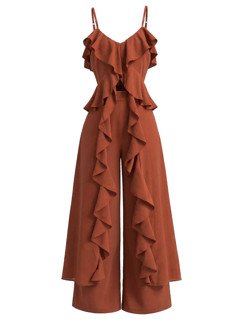 2PCS 1970s Cascading Ruffle Cami Top & Pants - vintage top, retro blouse for vintage lovers
