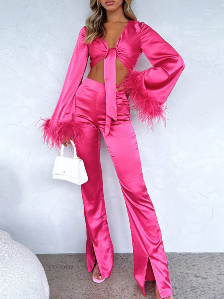 2PCS 1970s Feather Cuff Tie-Up Crop Top & Slit Pants - vintage fashion, retro style