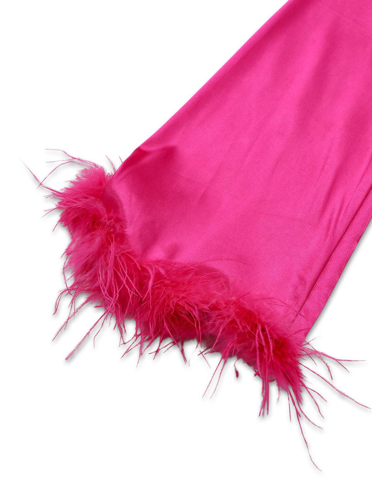 2PCS 1970s Feather Cuff Tie-Up Crop Top & Slit Pants - vintage fashion, retro style