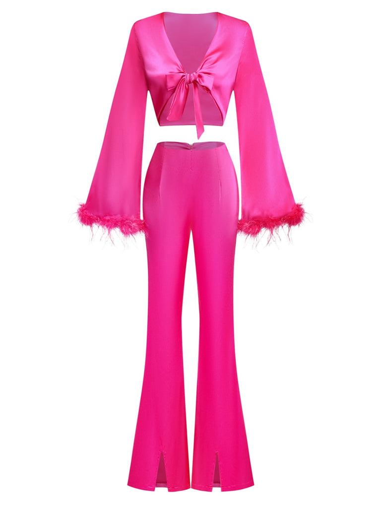 2PCS 1970s Feather Cuff Tie-Up Crop Top & Slit Pants, vintage top, retro blouse - perfect for women who love vintage and retro fashion