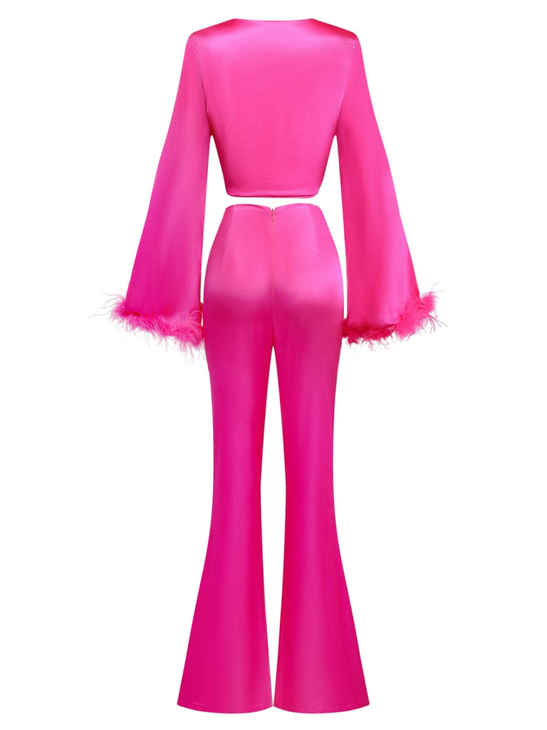 2PCS 1970s Feather Cuff Tie-Up Crop Top & Slit Pants, vintage top, retro blouse - perfect for women who love vintage and retro fashion