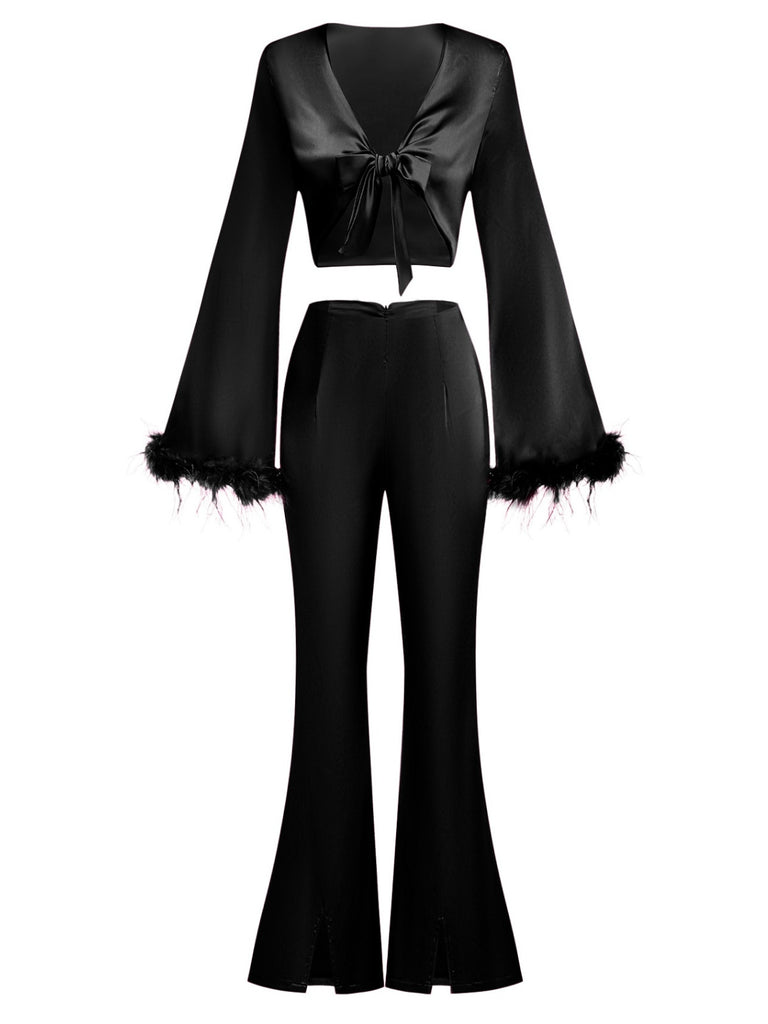 2PCS 1970s Feather Cuff Tie-Up Crop Top & Slit Pants, vintage top, retro blouse - perfect for women who love vintage and retro fashion