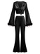2PCS 1970s Feather Cuff Tie-Up Crop Top & Slit Pants, vintage top, retro blouse - perfect for women who love vintage and retro fashion