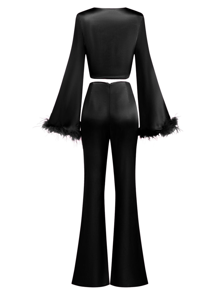 2PCS 1970s Feather Cuff Tie-Up Crop Top & Slit Pants, vintage top, retro blouse - perfect for women who love vintage and retro fashion