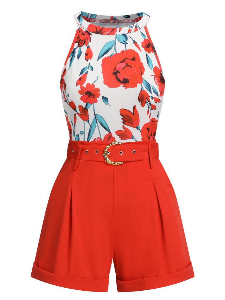 2PCS 1970s Floral Crewl Halter Top & Shorts With Belt, vintage top, retro blouse - perfect for women who love vintage and retro fashion