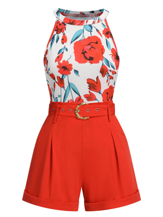 2PCS 1970s Floral Crewl Halter Top & Shorts With Belt, vintage top, retro blouse - perfect for women who love vintage and retro fashion