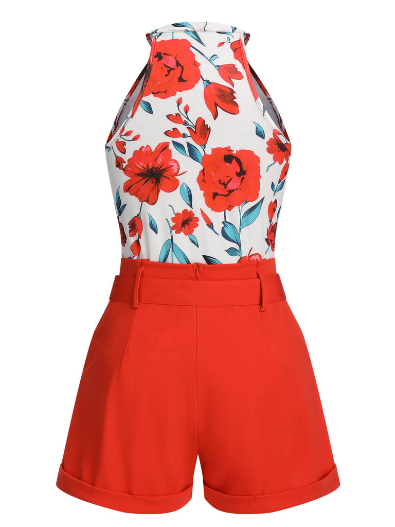 2PCS 1970s Floral Crewl Halter Top & Shorts With Belt, vintage top, retro blouse - perfect for women who love vintage and retro fashion
