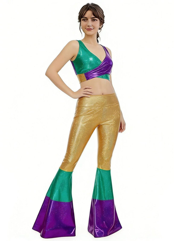 2PCS 1970s Metallic Crop Top & Flare Pants - vintage fashion, retro style