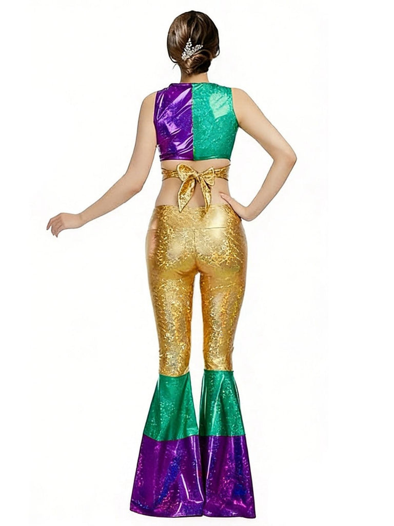 2PCS 1970s Metallic Crop Top & Flare Pants - vintage fashion, retro style