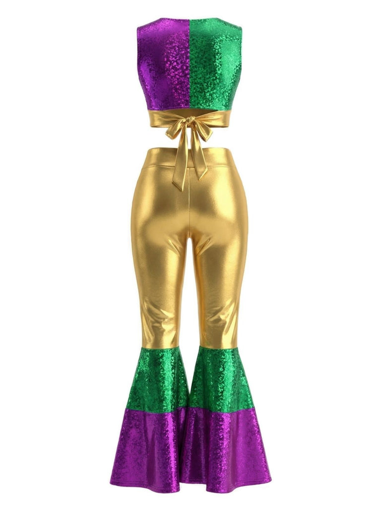 2PCS 1970s Metallic Crop Top & Flare Pants - vintage fashion, retro style