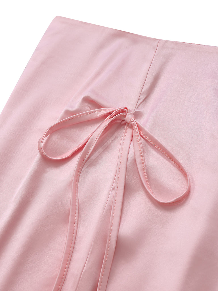 2PCS 1970s Satin Lace-Up Strap Top & Skirt - vintage skirt, retro style