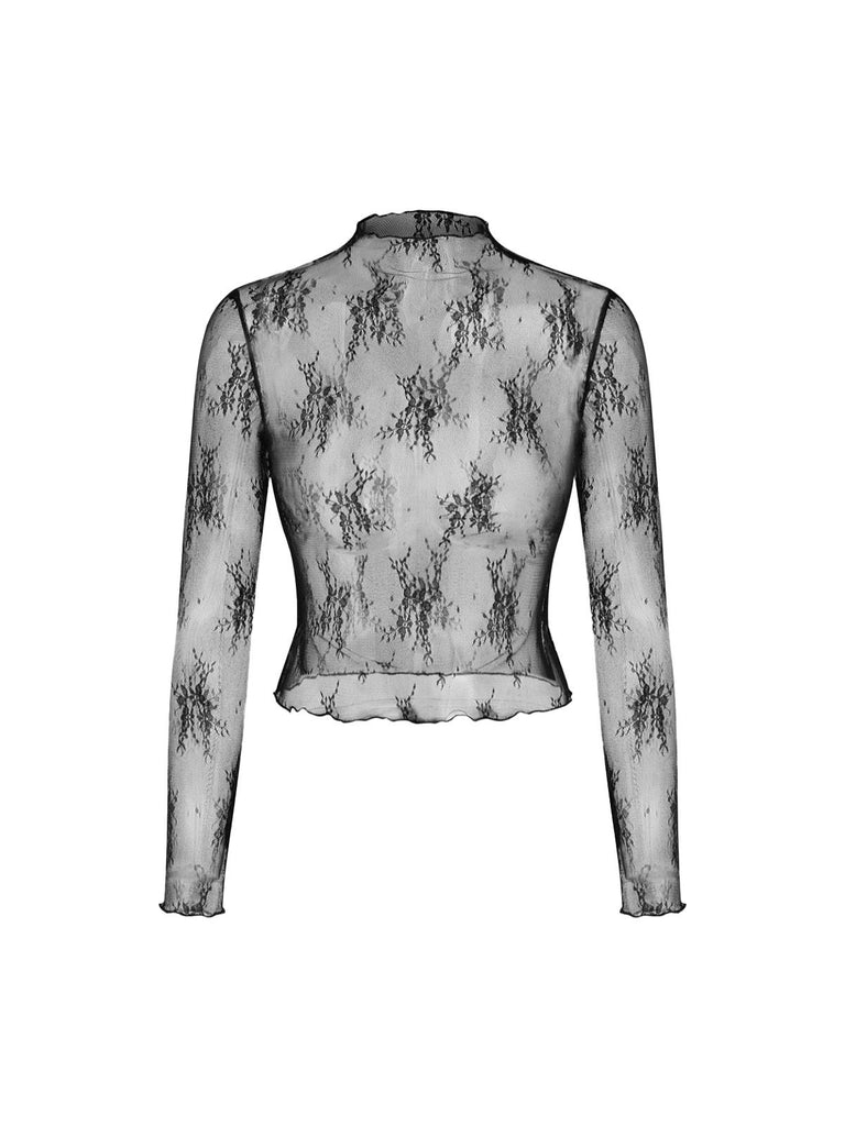 2PCS 1970s Sheer Lace Floral Top & V-Neck Jumpsuit - vintage jumpsuit, retro fashion