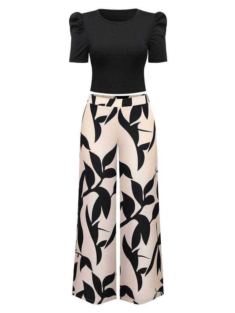2PCS 1970s Solid Top& Leaf Print Pants - vintage fashion, retro style