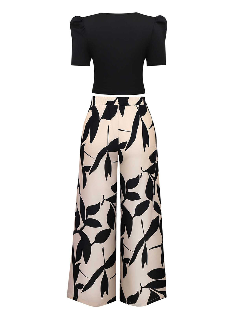 2PCS 1970s Solid Top& Leaf Print Pants - vintage fashion, retro style