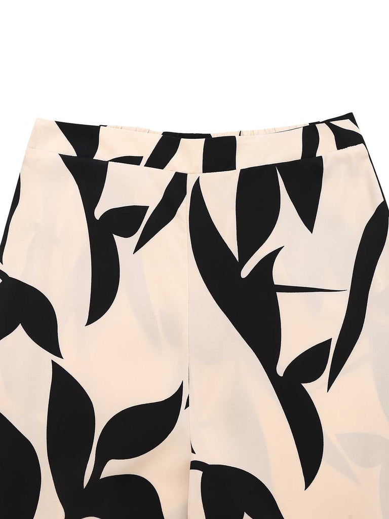 2PCS 1970s Solid Top& Leaf Print Pants - vintage fashion, retro style