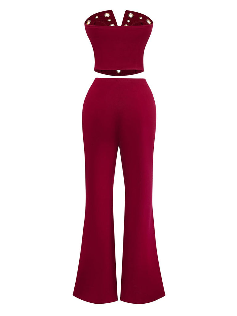 2PCS 1970s Strapless Metal Buckle Punk Top & Pants - vintage fashion, retro style