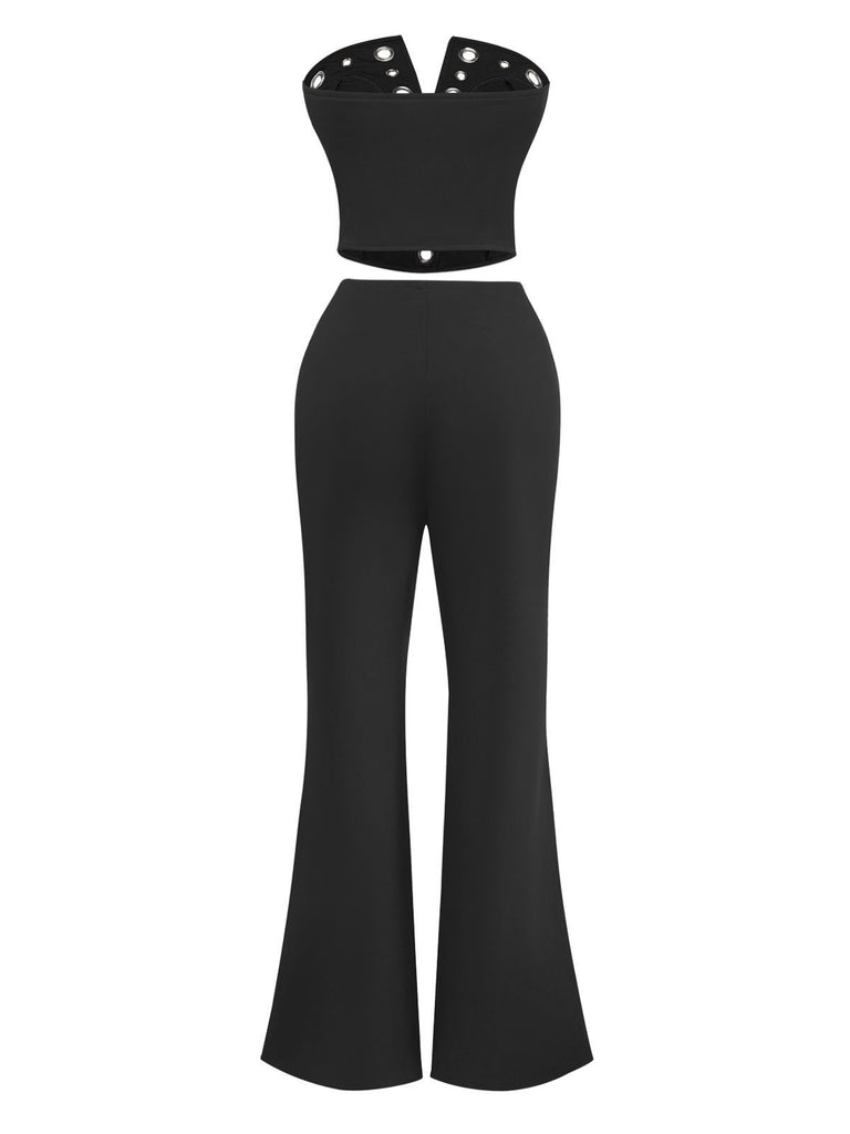 2PCS 1970s Strapless Metal Buckle Punk Top & Pants - vintage fashion, retro style