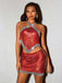 2PCS 1980s Metallic Cross Neck Top & Skirt - vintage skirt, retro style