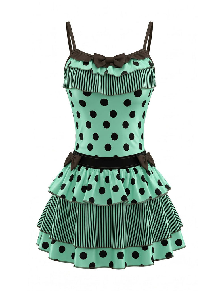 2PCS 1980s Polka Dot Sleeveless Tank Top & Layered Mini Skirt, vintage skirt, retro style - perfect for women who love vintage and retro fashion