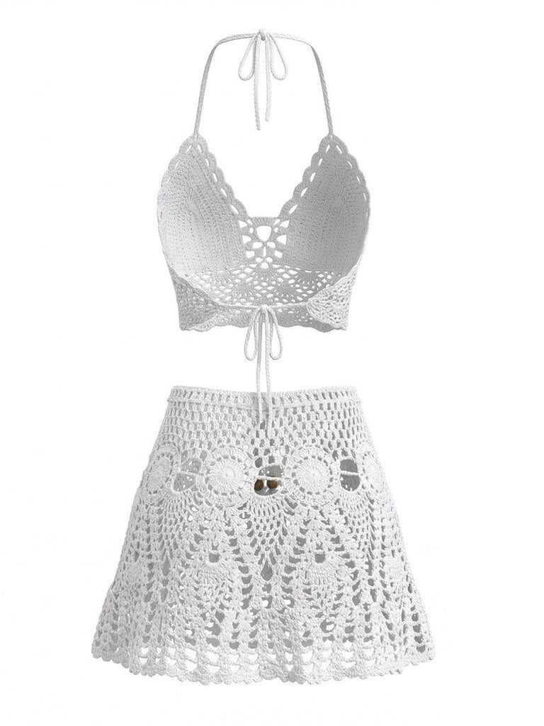2PCS 1980s Solid Crochet Cover Up Set, bohemian cover up, beach wear - perfect for women who love vintage and retro fashion