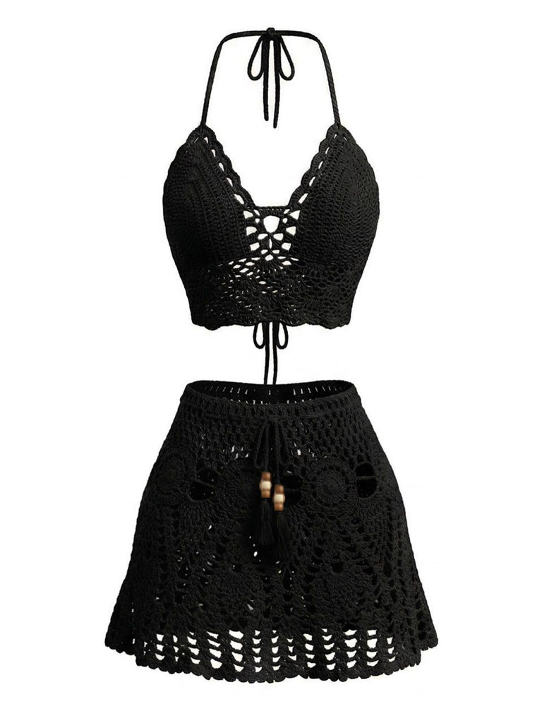 2PCS 1980s Solid Crochet Cover Up Set, bohemian cover up, beach wear - perfect for women who love vintage and retro fashion