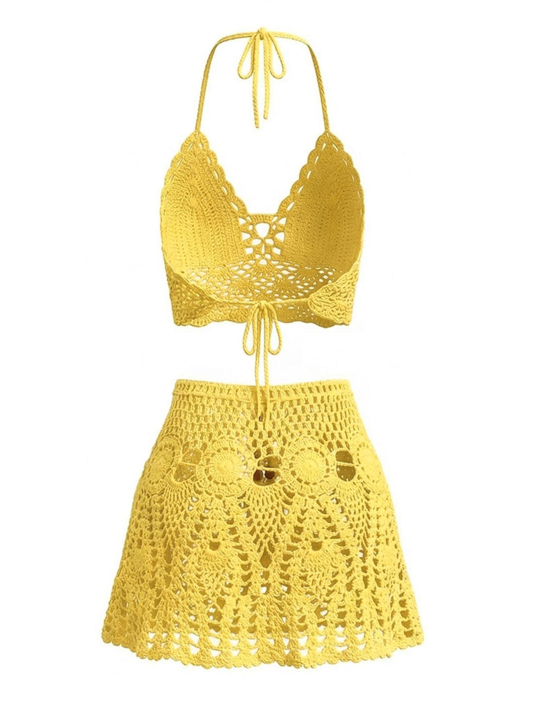 2PCS 1980s Solid Crochet Cover Up Set, bohemian cover up, beach wear - perfect for women who love vintage and retro fashion
