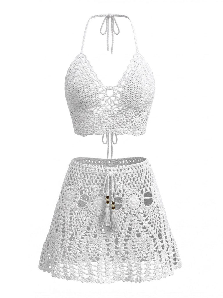 2PCS 1980s Solid Crochet Cover Up Set, bohemian cover up, beach wear - perfect for women who love vintage and retro fashion