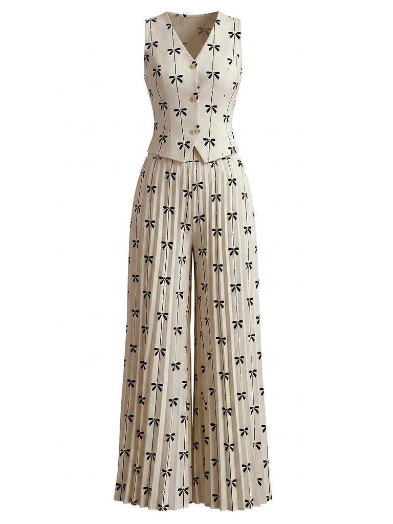 2PCS Beige 1940s Bow Sleeveless Vest & Pleated Pants - vintage fashion, retro style for vintage lovers