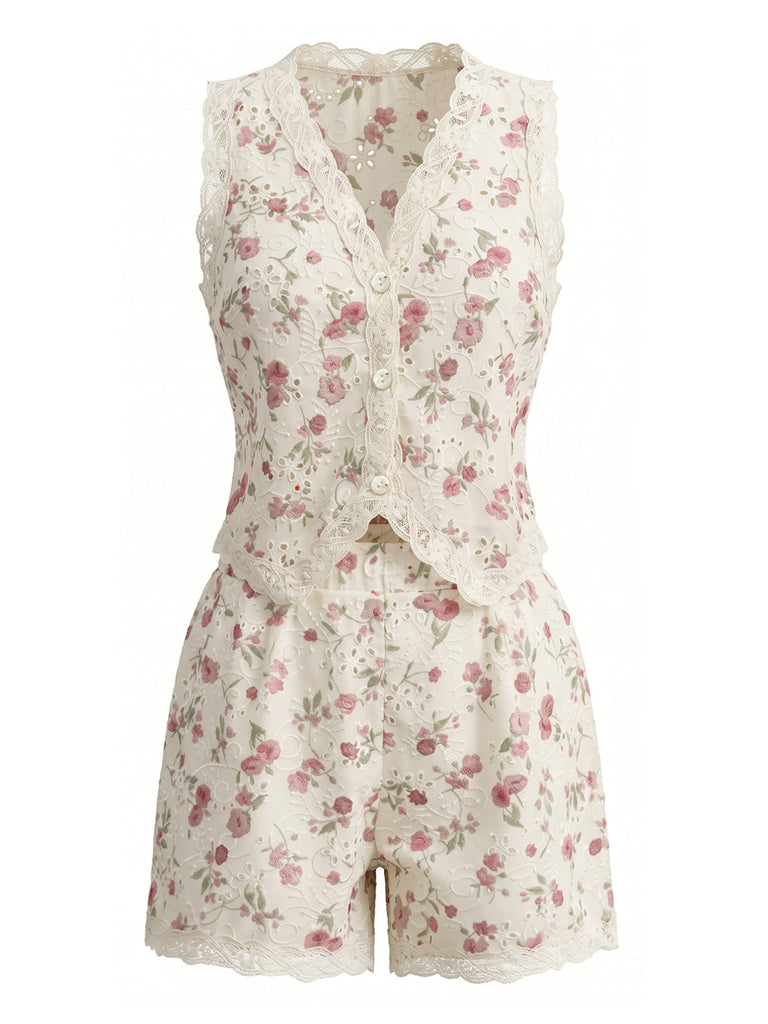 Beige 1940s Sleeveless V-Neck Shorts Set, vintage fashion, retro style - perfect for women who love vintage and retro fashion
