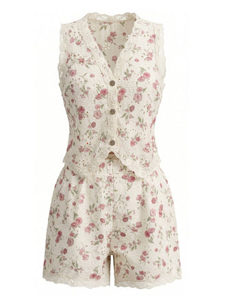2PCS Beige 1940s Ditsy Floral Lace Patchwork Top & Shorts, vintage top, retro blouse - perfect for women who love vintage and retro fashion