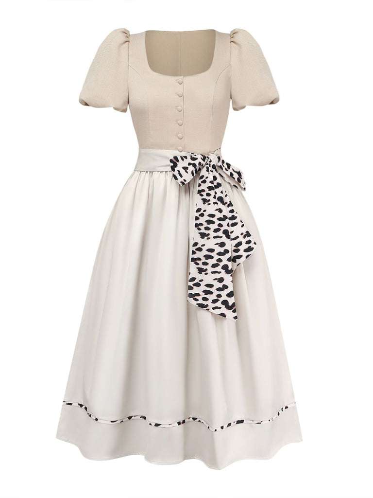2PCS Beige 1950s Puff Sleeve Square Neck Dress & Apron, vintage dress, retro fashion, rockabilly, pin-up fashion - vintage inspired fashion