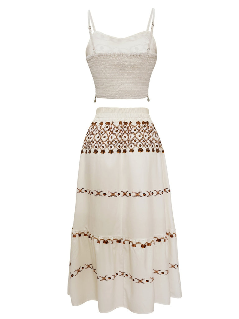 2PCS Beige 1970s Bohemian Fringe Strap Top & Skirt: a 1970s classic that whispers rather than shouts