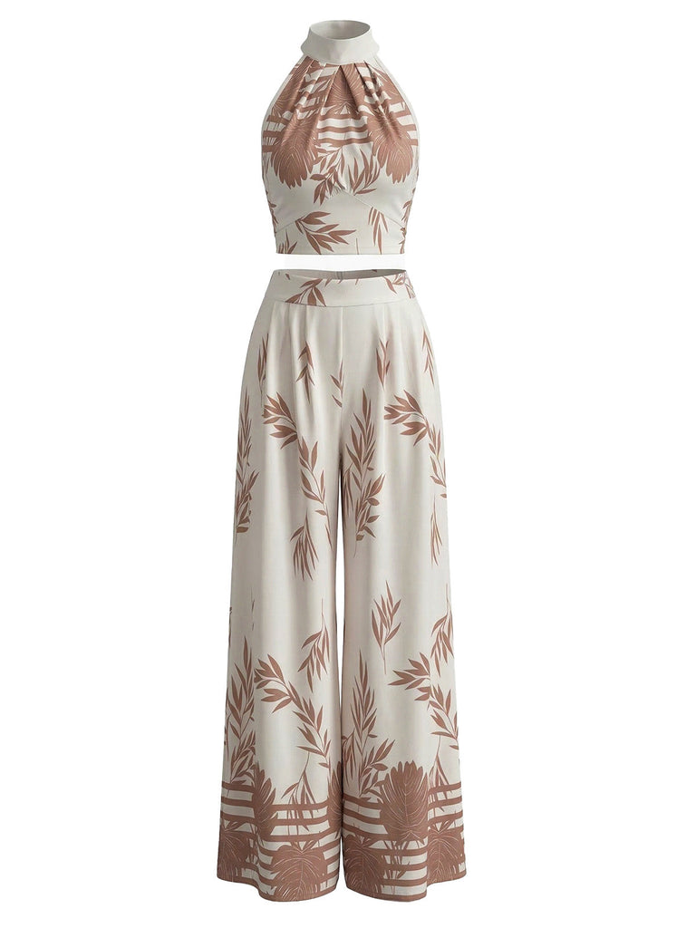 2PCS Beige 1970s Leaf Print Halter Top & Wide-Leg Pants - vintage blouse, retro top, classic style for vintage lovers