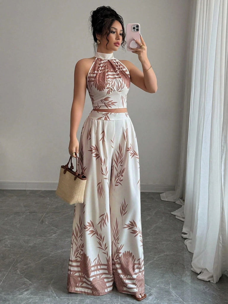 2PCS Beige 1970s Leaf Print Halter Top & Wide-Leg Pants: beautiful vintage blouse, retro top, classic style with timeless appeal