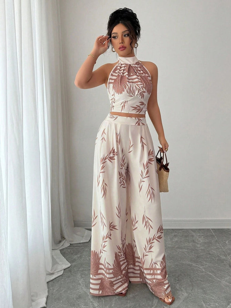 2PCS Beige 1970s Leaf Print Halter Top & Wide-Leg Pants | vintage blouse, retro top, classic style - perfect for retro fashion enthusiasts