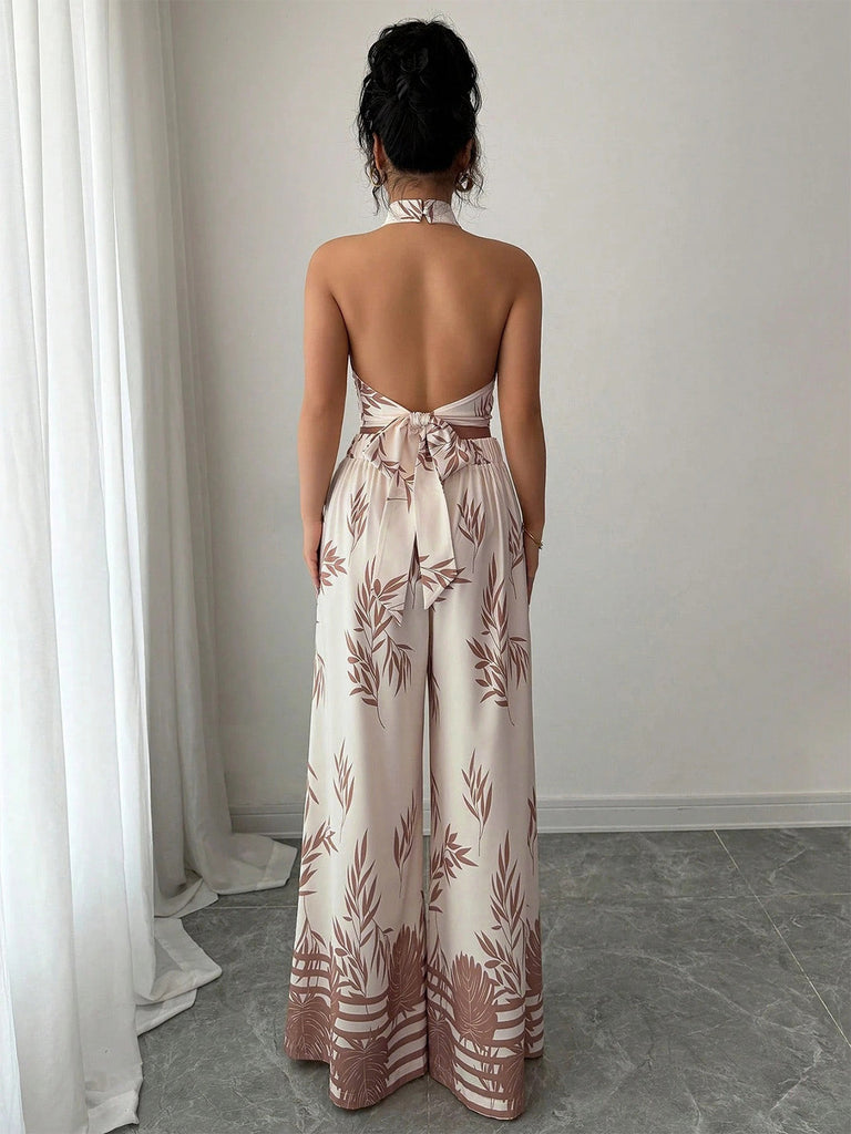 2PCS Beige 1970s Leaf Print Halter Top & Wide-Leg Pants - vintage blouse, retro top, classic style for vintage lovers