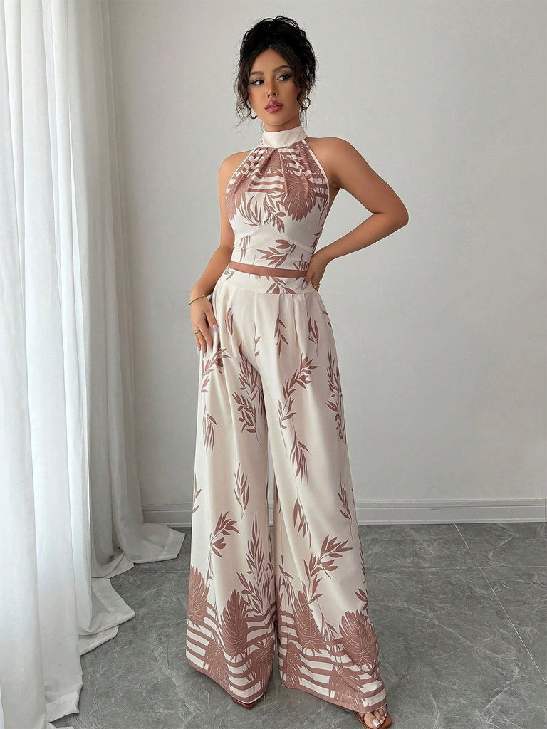 2PCS Beige 1970s Leaf Print Halter Top & Wide-Leg Pants: beautiful vintage blouse, retro top, classic style with timeless appeal