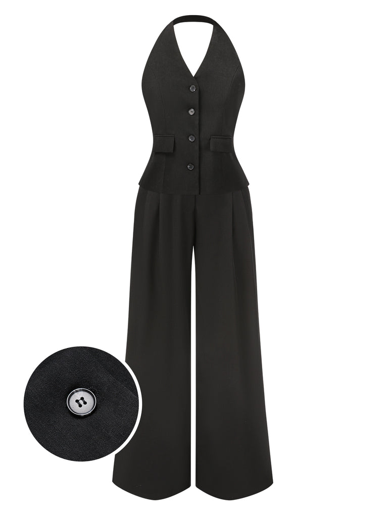 She pairs this 2PCS Black 1930s Halter Vest Top & Wide Leg Pants with confidence and 1930s charm