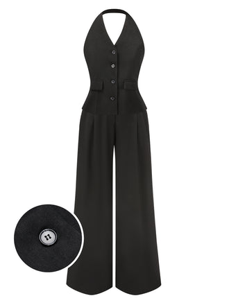 She pairs this 2PCS Black 1930s Halter Vest Top & Wide Leg Pants with confidence and 1930s charm