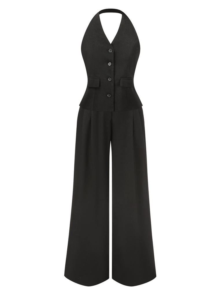 2PCS Black 1930s Halter Vest Top & Wide Leg Pants: a 1930s classic that whispers rather than shouts