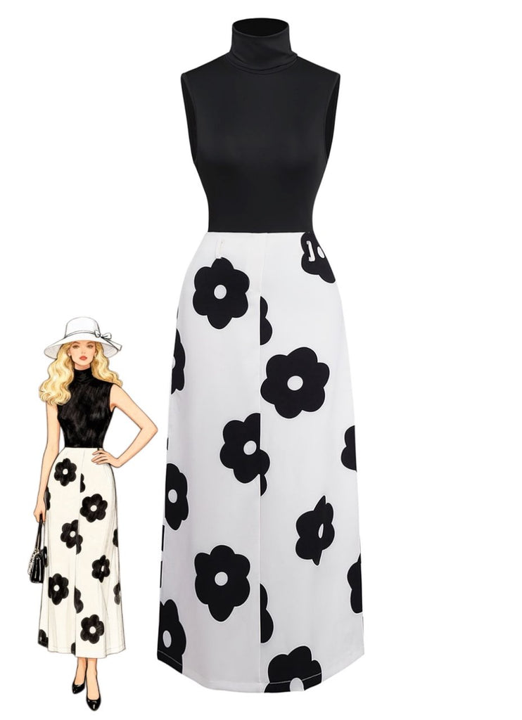 2PCS Black 1930s Turtleneck Top & Floral Skirt - vintage skirt, retro style, classic black