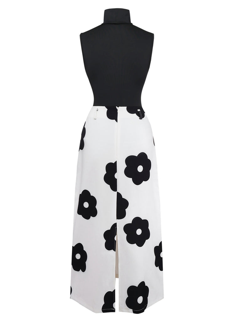 2PCS Black 1930s Turtleneck Top & Floral Skirt - vintage skirt, retro style, classic black