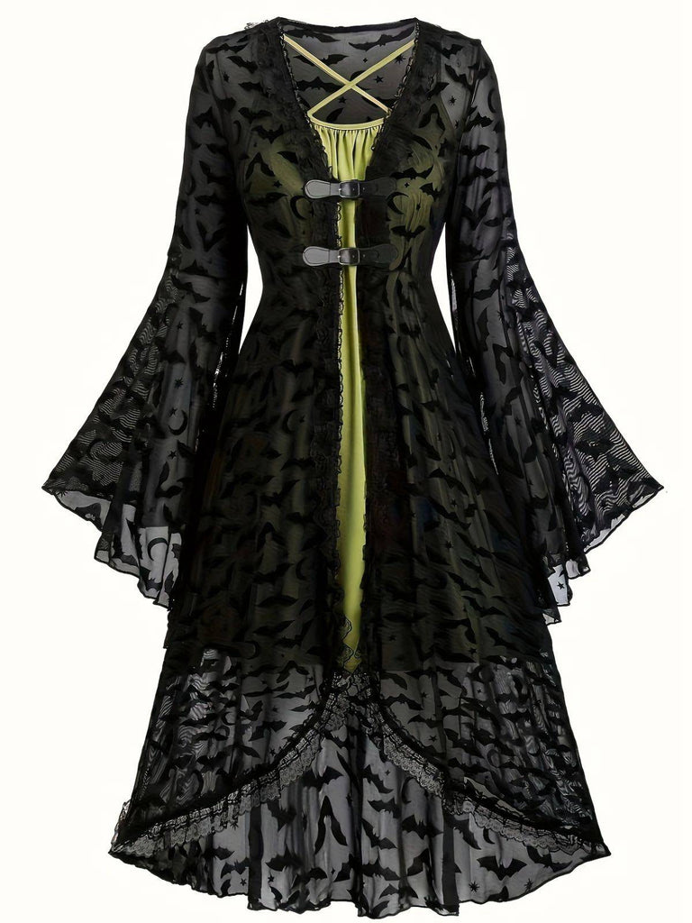 2PCS Black 1940s Bat Mesh Outwear & Green Dress - vintage dress, retro fashion, classic black