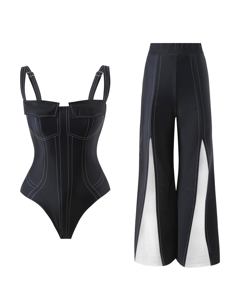 She's wearing 2PCS Black 1940s Gothic Straps Swimsuit & Pants and the whole beach remembers the 1940s