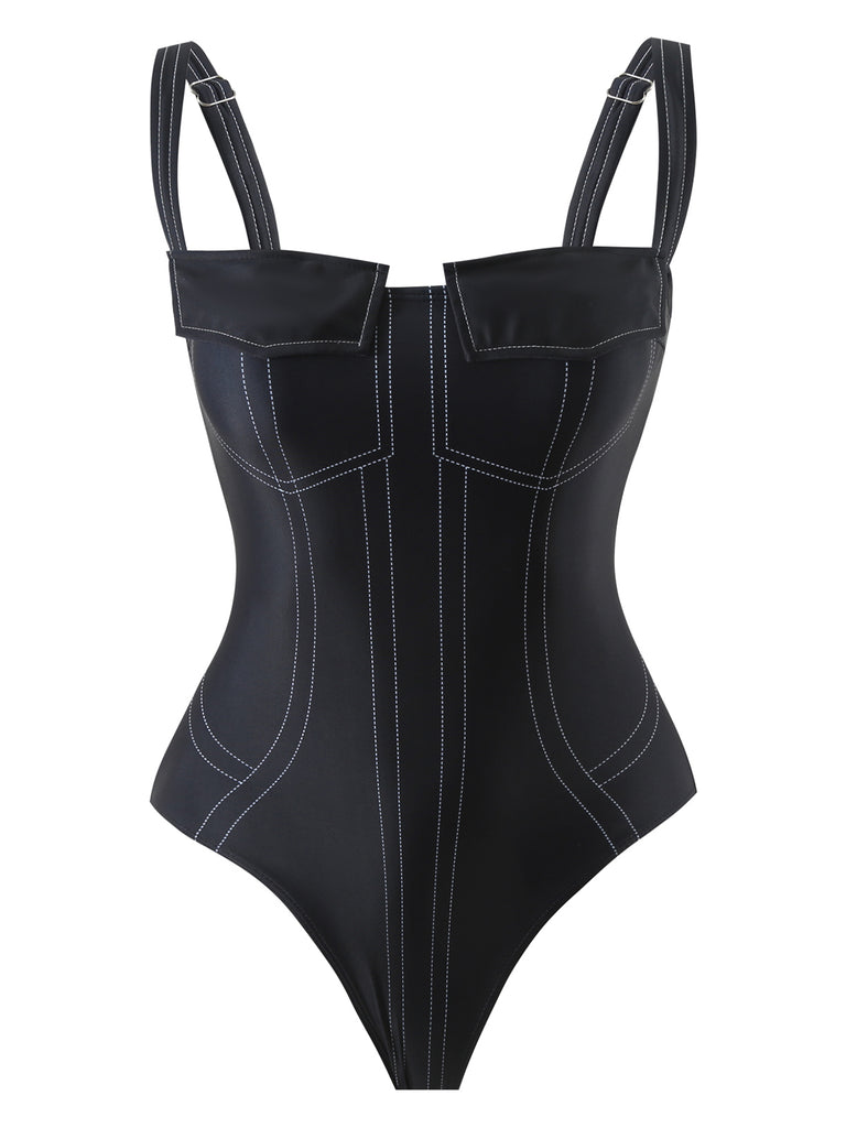 2PCS Black 1940s Gothic Straps Swimsuit & Pants — because 1940s glamour never goes out of style