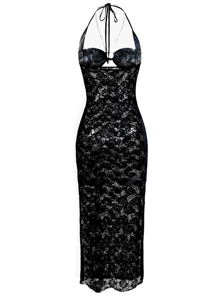 2PCS Black 1940s Lace Sheer Sleepwear Set - vintage nightgown, retro sleepwear, classic black