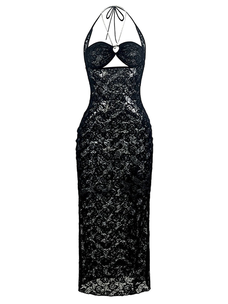 2PCS Black 1940s Lace Sheer Sleepwear Set - vintage nightgown, retro sleepwear, classic black